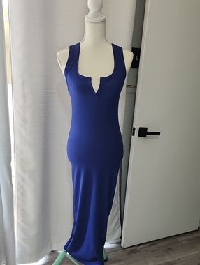 Sleeveless Royal Blue Ribbed Maxi Dress with Notch V Neck